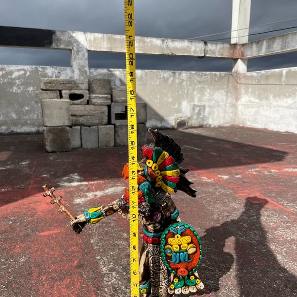 Handcrafted Wooden Tecun Uman Sculpture with Stones and Removable Macuahuitl - Picture 2 of 6